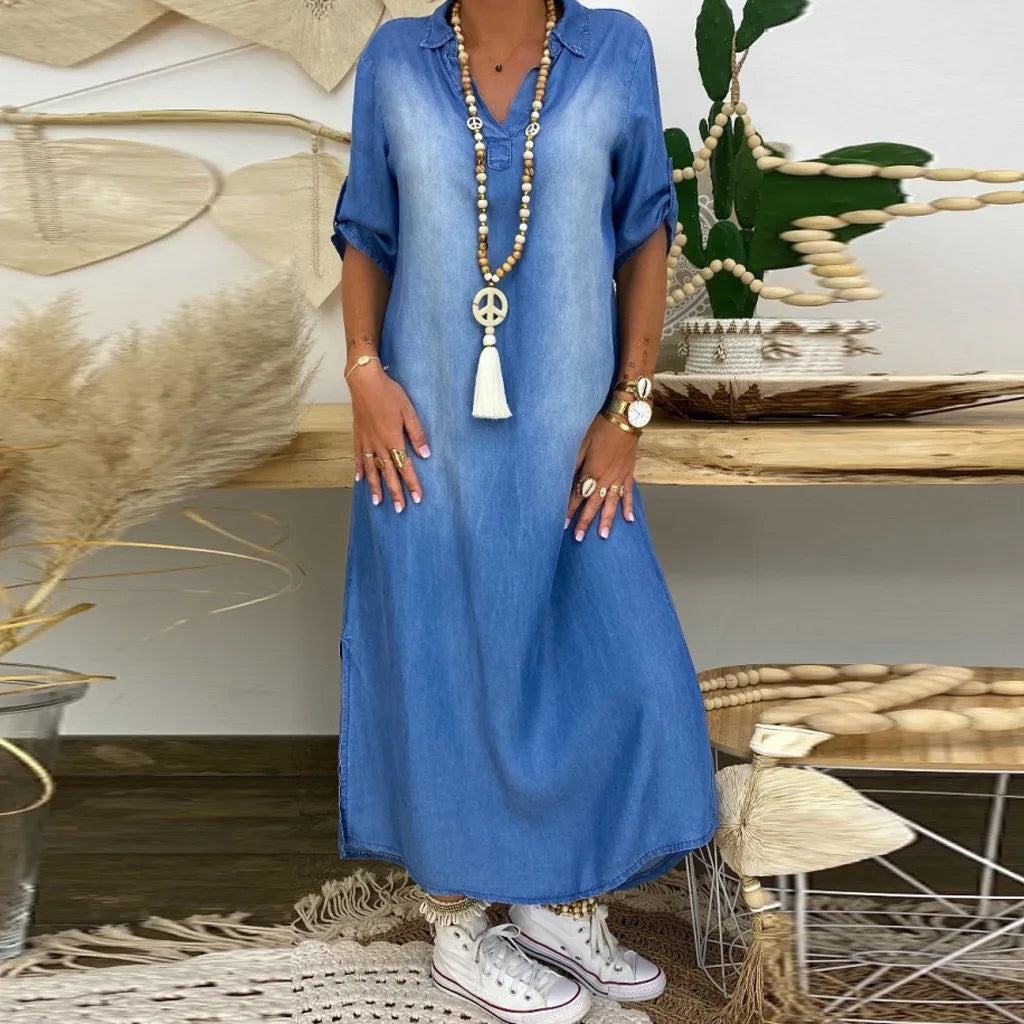 Viverno™ | Abito lungo in denim con spacco laterale