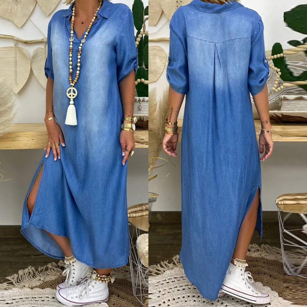 Viverno™ | Abito lungo in denim con spacco laterale