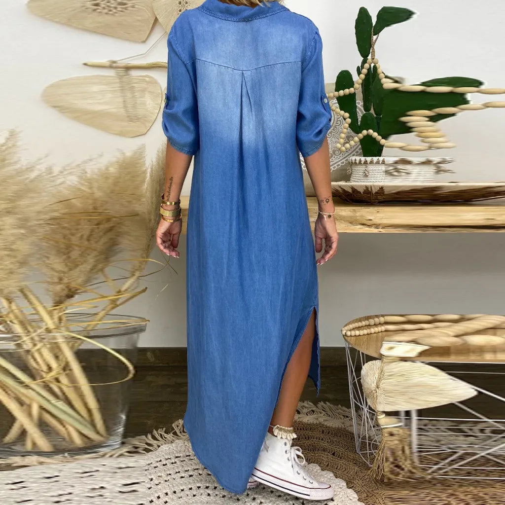 Viverno™ | Abito lungo in denim con spacco laterale