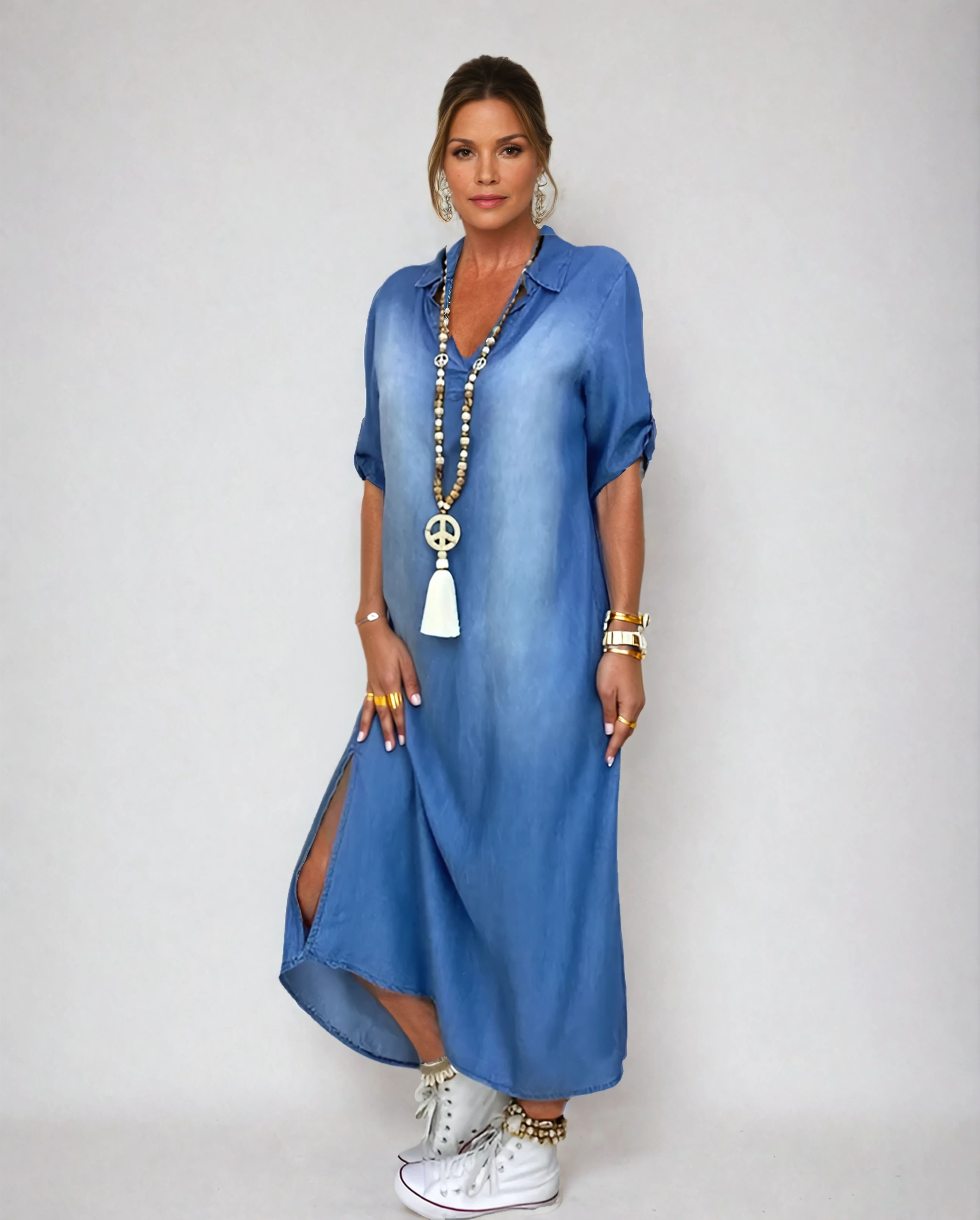 Viverno™ | Abito lungo in denim con spacco laterale